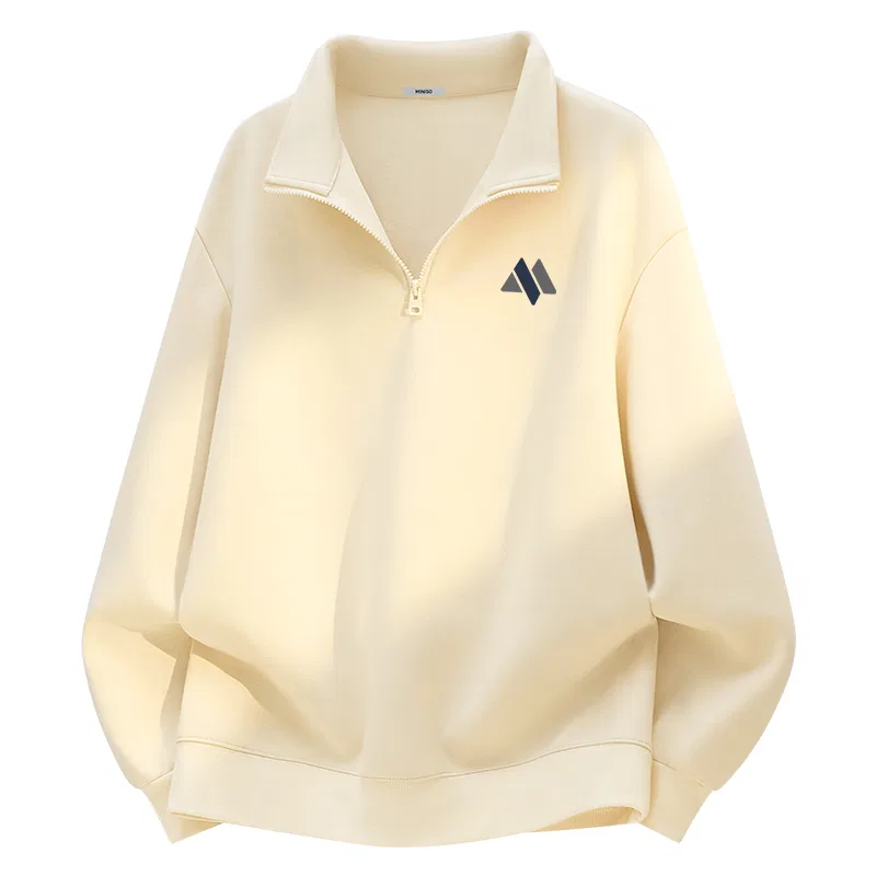Детское худи на молнии Половина Молния Хлопковое Мягкое MINISO, Light Beige с Серо-Голубым Логотипом на Груди
