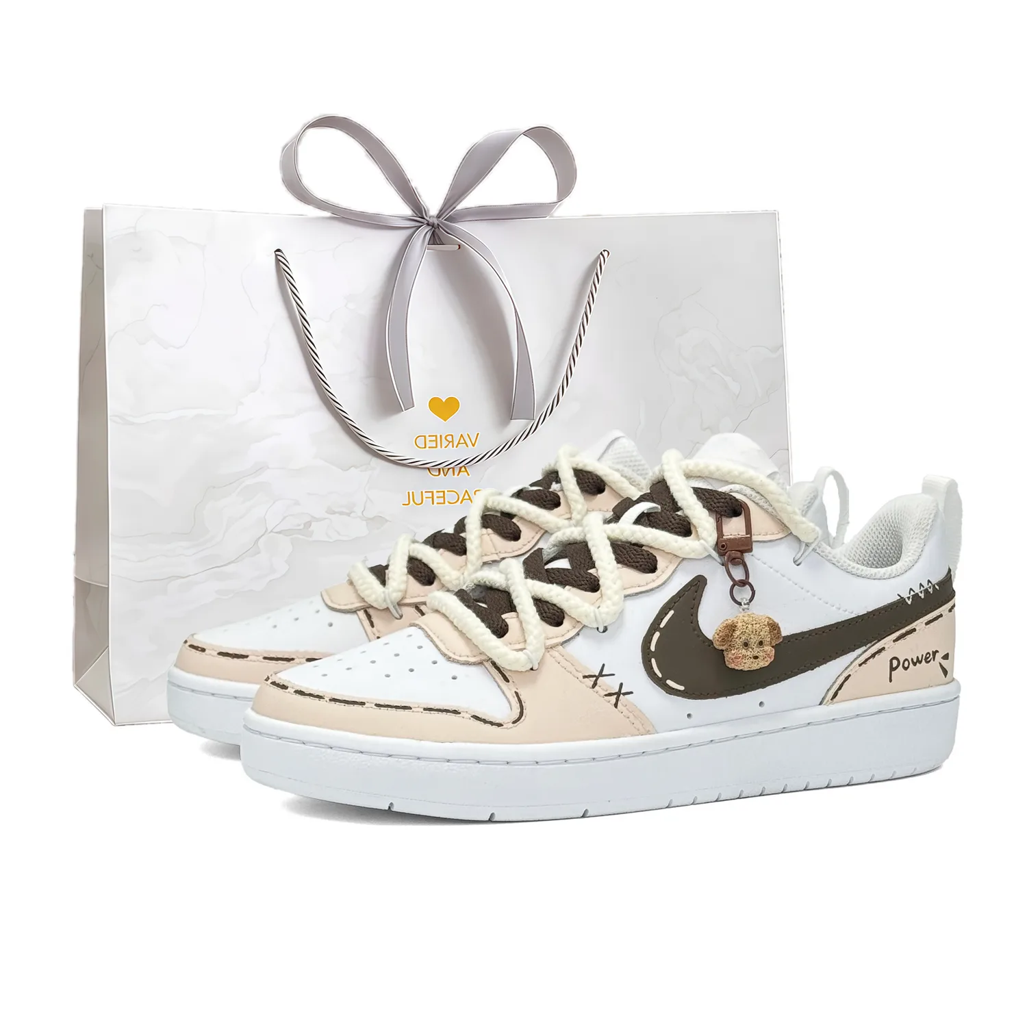 Nike Кроссовки для скейтбординга Court Borough Milk Tea Bear Leather низкие детские с амортизацией, цвет кофе с розовым — фото 4