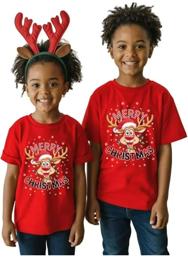 Футболка детская новогодняя с принтом Merry Christmas Reindeer Sitara Fashions, красный