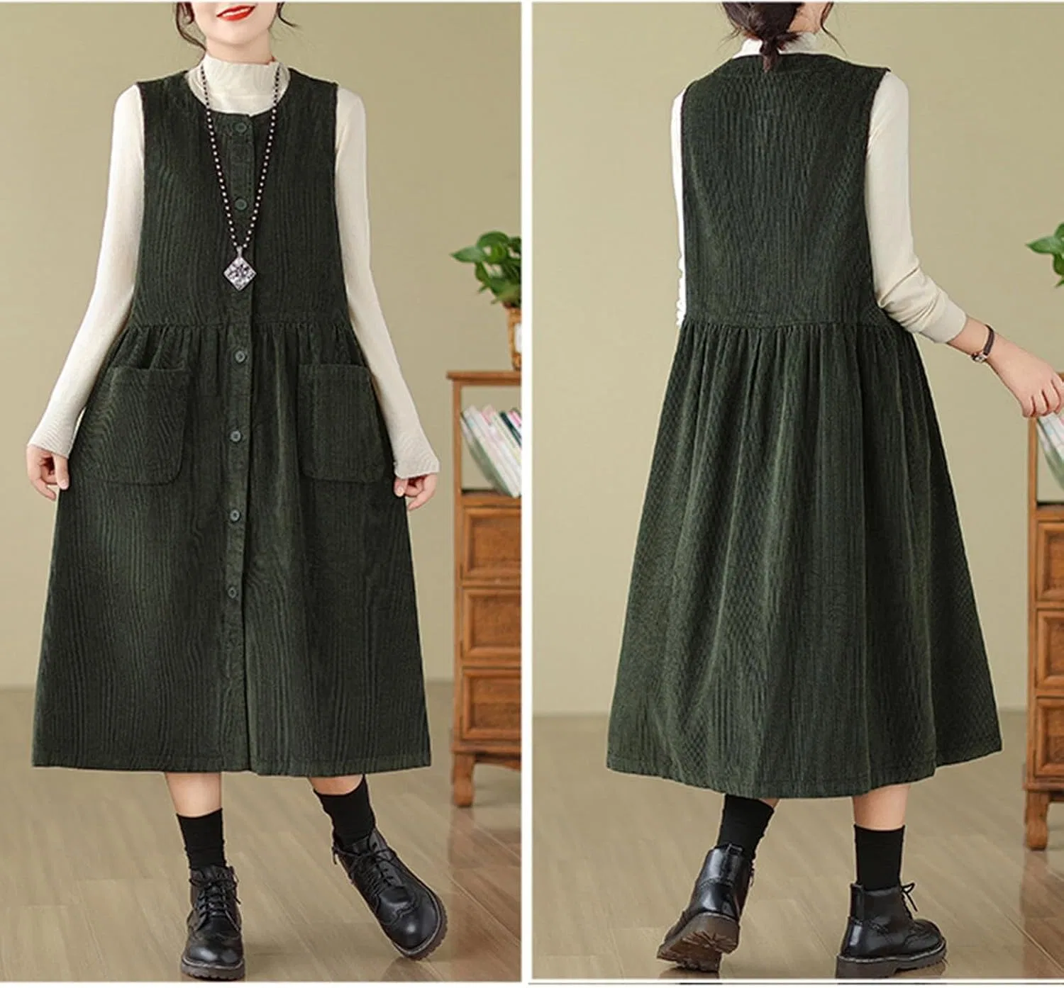 Женское платье-кардиган миди из вельвета Army Green — фото 3