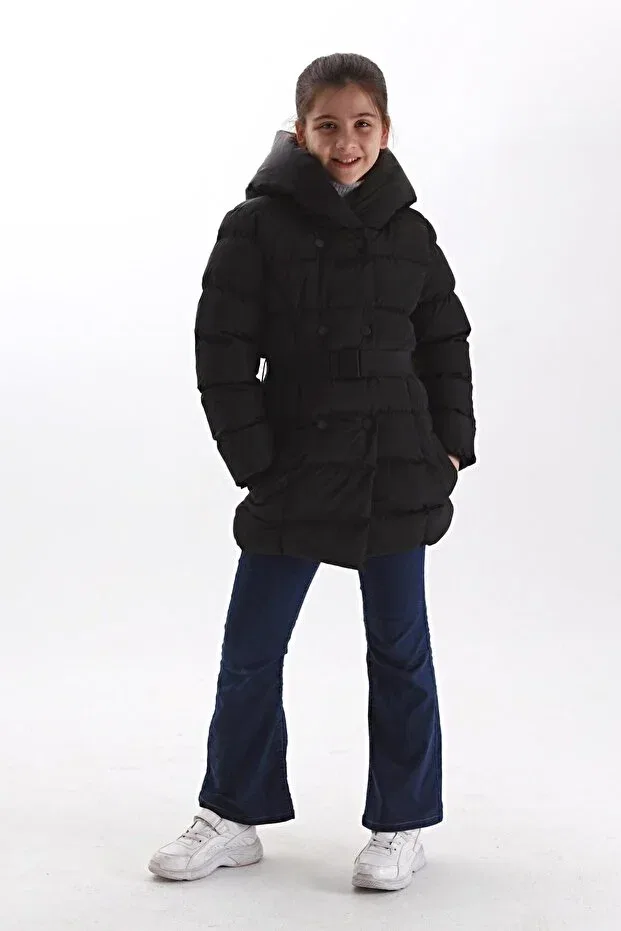 Детское пальто для девочек утепленное с капюшоном Benitto Kids, Black — фото 4