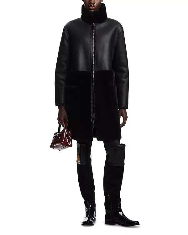 Женское пальто из овчины с воротником-стойкой Reversible Shearling Coat Emporio Armani, Black Beauty