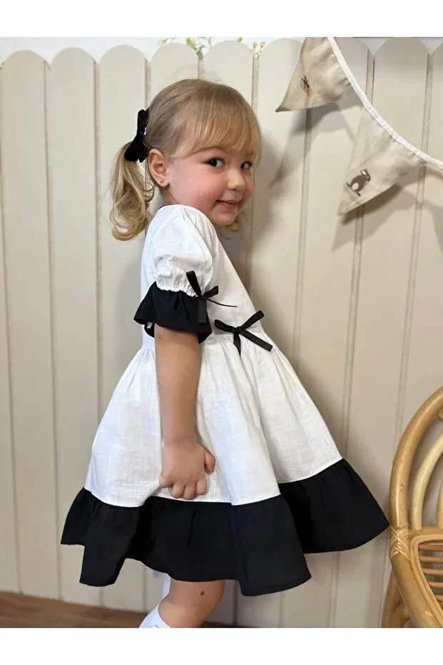 Детское платье для девочек хлопковое Defne Girl Dress-Short Sleeve Pinkitokids, Black And White — фото 4