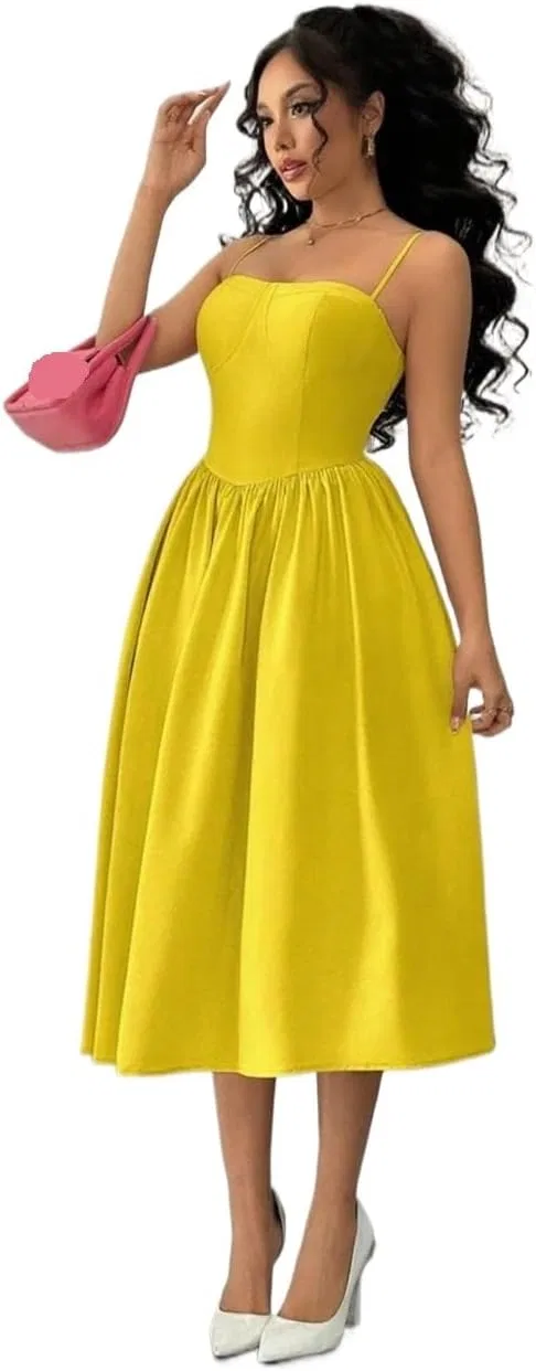 Женское элегантное платье миди с открытой спиной, Yellow — фото 4