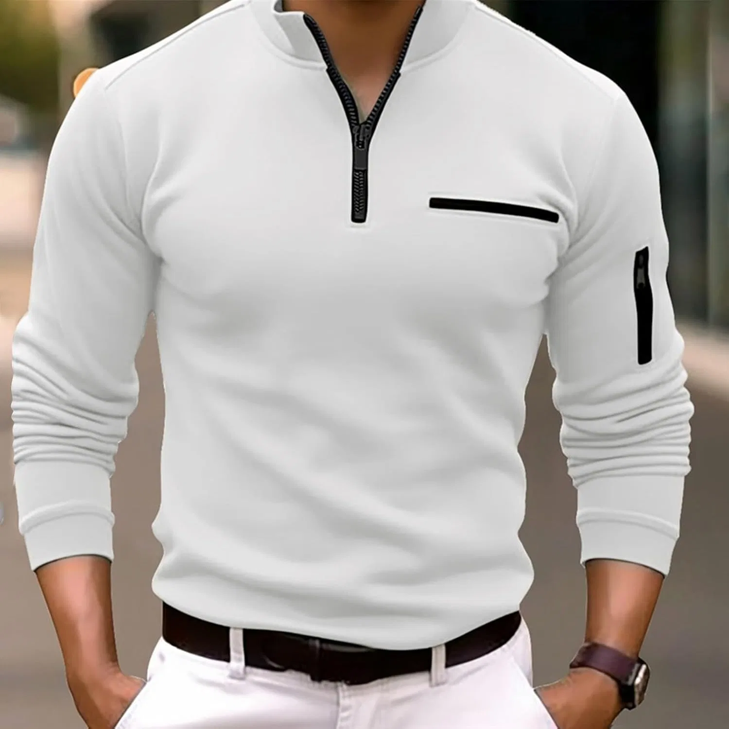 Мужская длинная футболка-поло с V-образным вырезом и полосками Slim Fit Stretch, White — фото 2