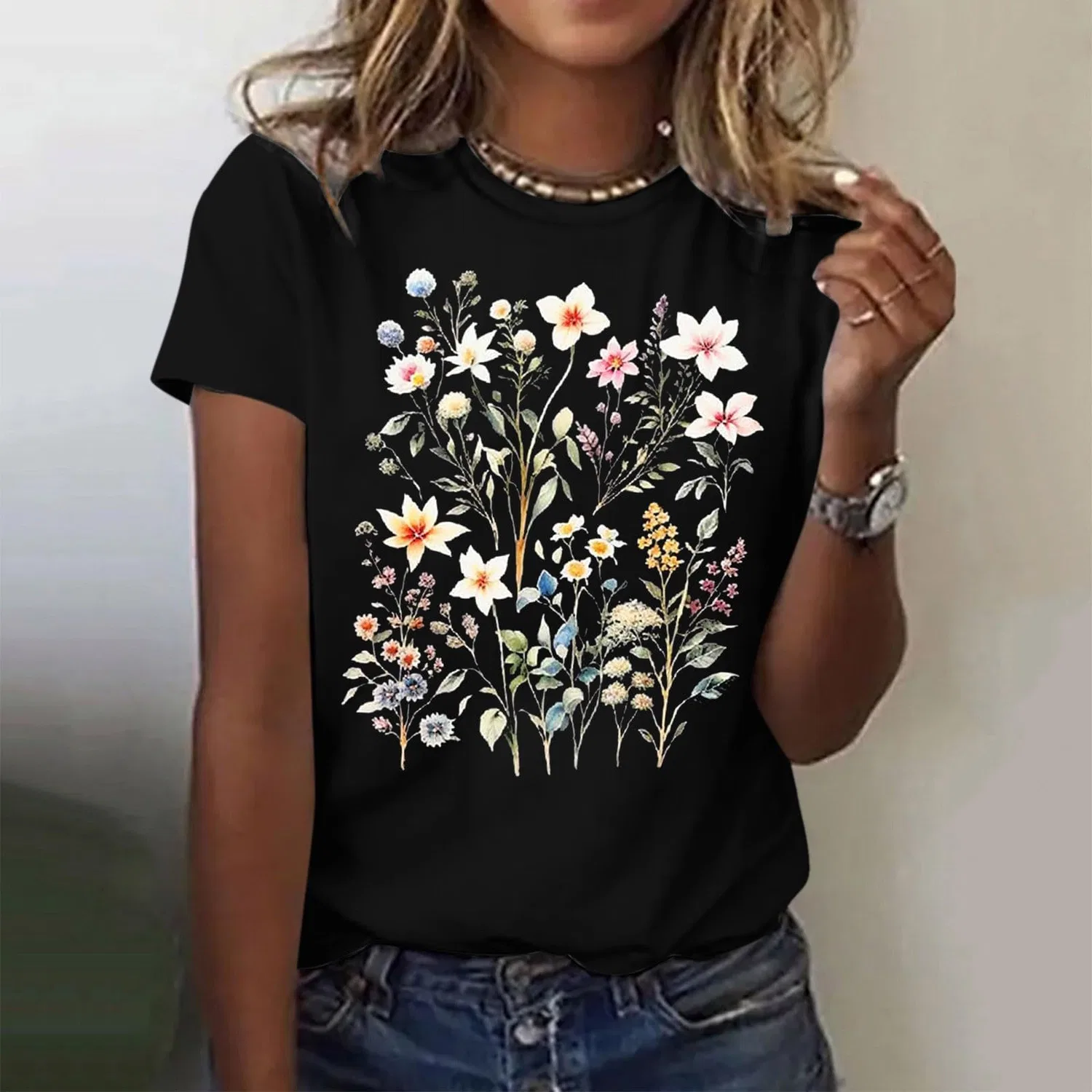 Женская футболка с принтом Girls Graphic Satin Blouses Loose Tops Plus Size Summer Sunflower Women's Basic Cotton Top, 2-black — фото 2