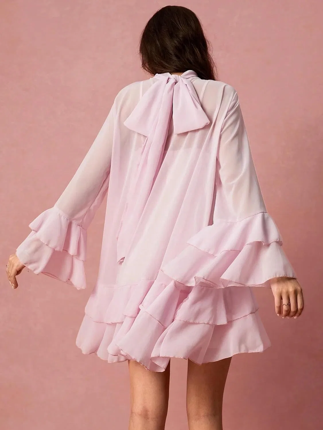 Женское платье A-силуэта с расклешенным рукавом и оборками, Pink — фото 2