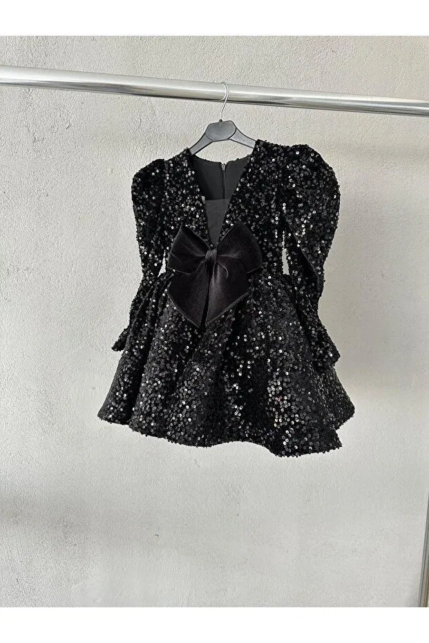 Детское платье для девочек вельветовое с принтом Sequin Velvet Bow Evening Dress She Dress, Black