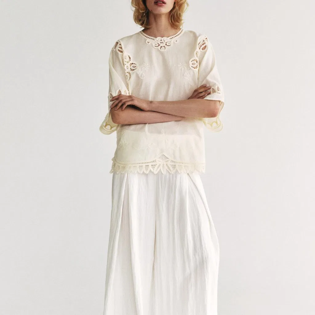 Женская рубашка с круглым вырезом ZW ZARA, Raw White — фото 4