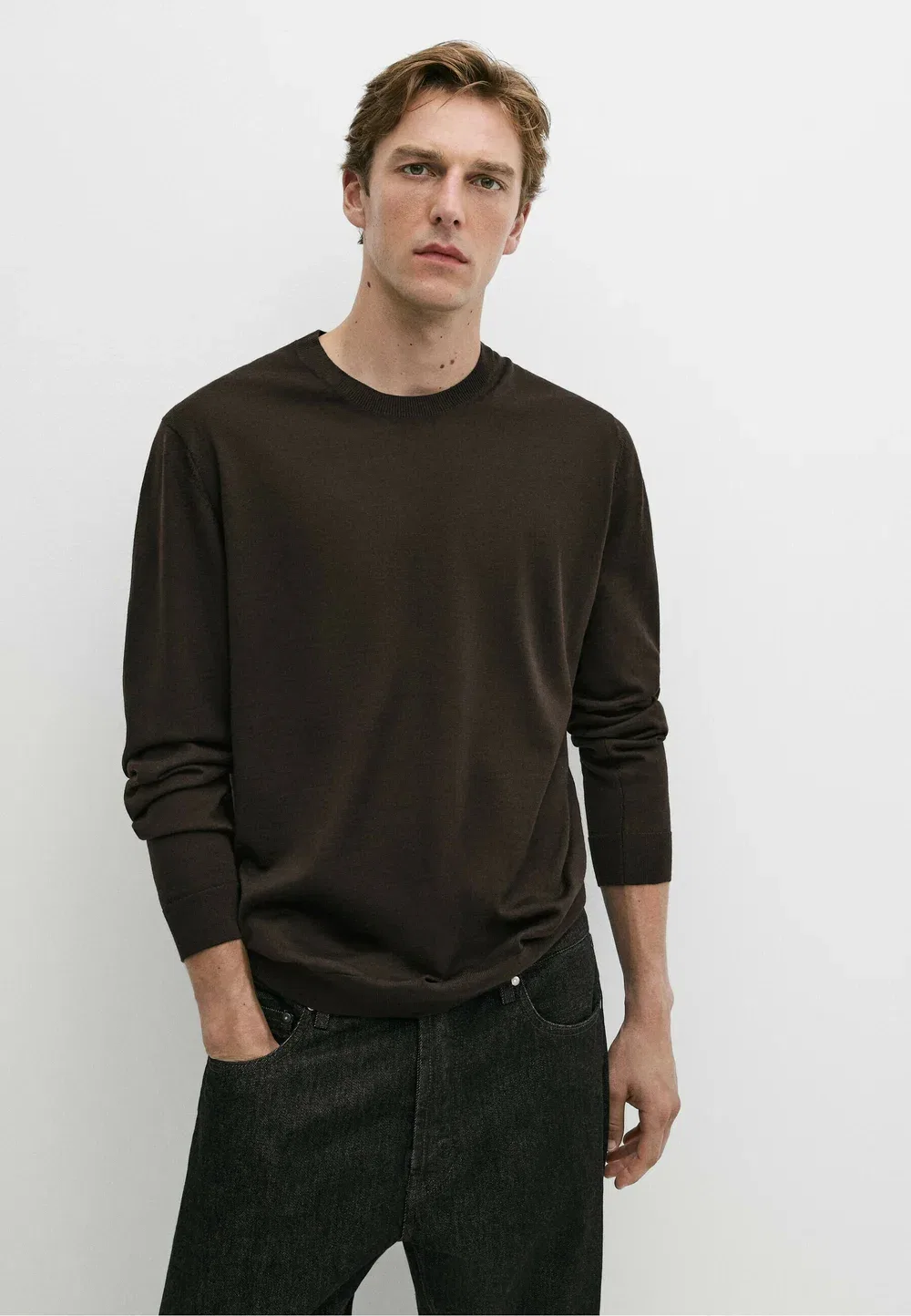 Вязаный свитер с круглым вырезом из 100% мериносовой шерсти Massimo Dutti, Dark Brown