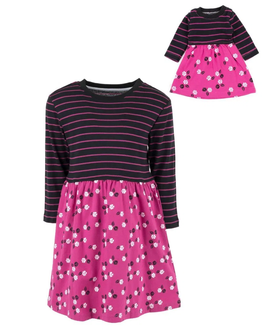 Платье-трапеция с длинным рукавом из хлопка Big Girls Matching Doll 100% Cotton Long Sleeve Skirt Dress Leveret, Flower Pink — фото 2