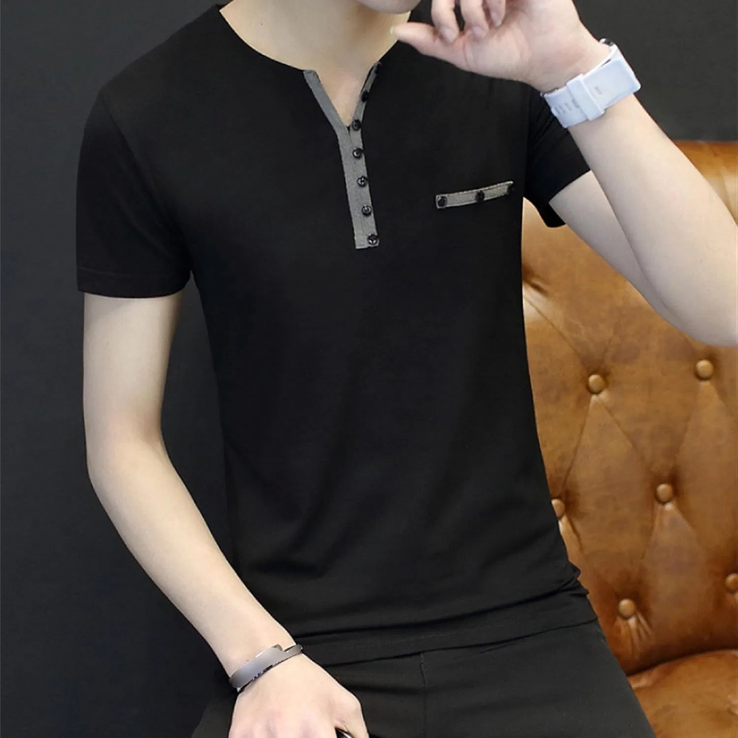 Мужская футболка с V-образным вырезом Henley, Black — фото 3