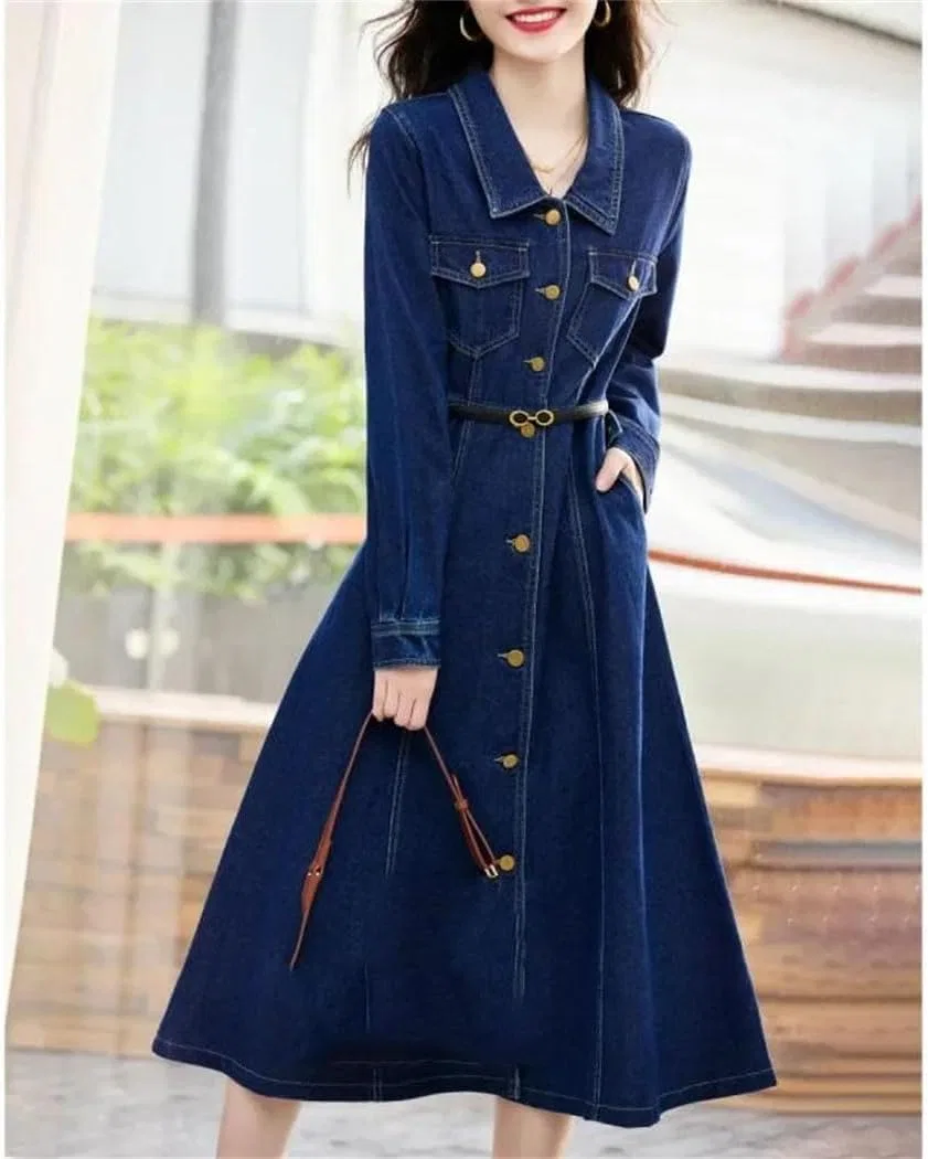 Женское джинсовое платье с воротником-рубашкой, Slim Fit, Vintage — фото 4