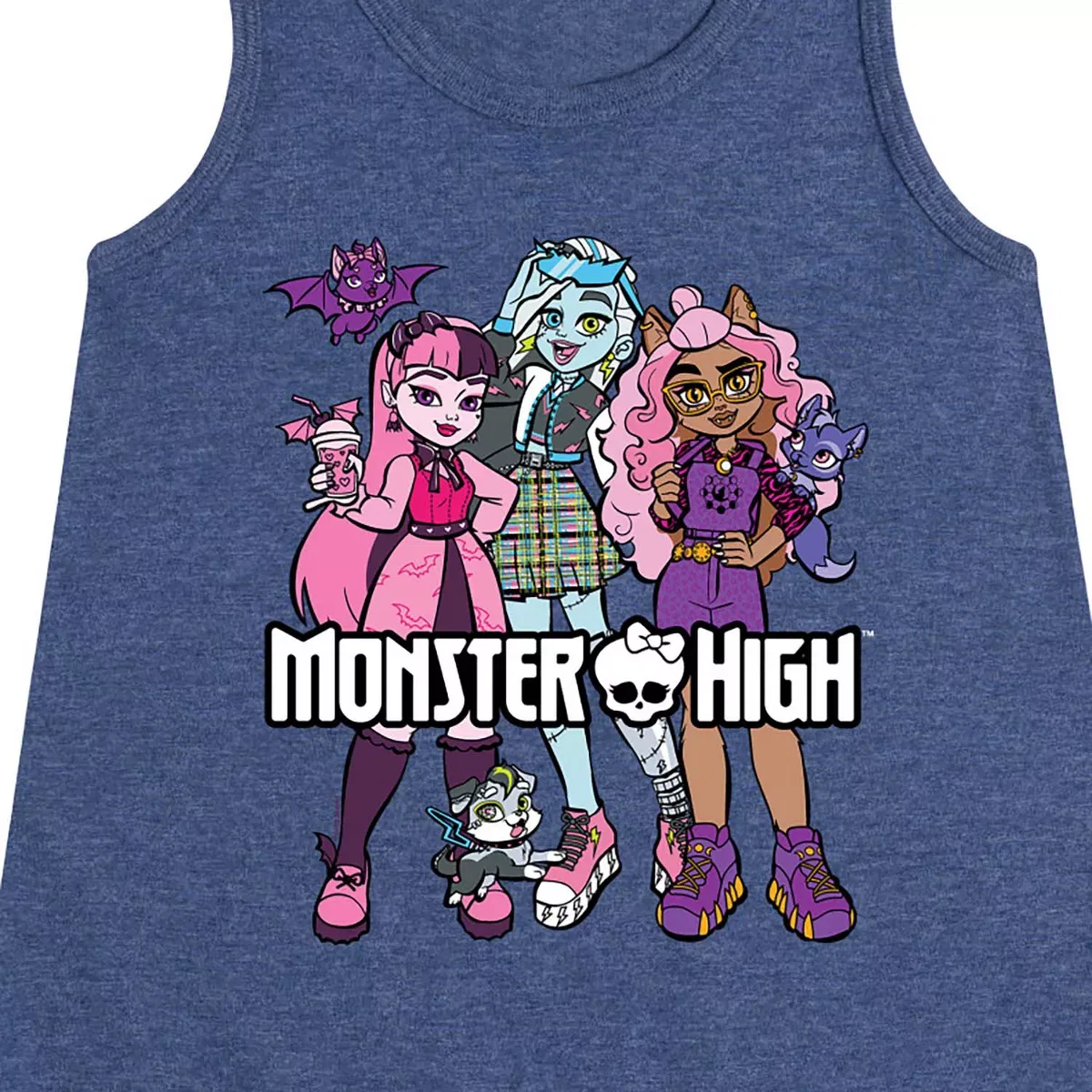 Детское платье для девочек без рукавов с принтом Monster High Group With Pets, Heather Navy — фото 2
