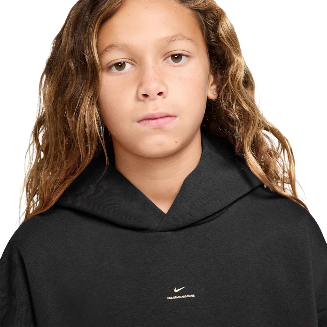 Детское худи для мальчиков с капюшоном из футера Nike Brush Fleece Pullover, Black/Beige — фото 3