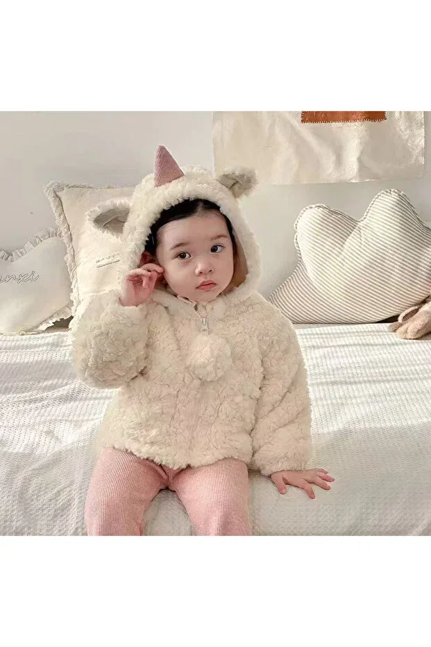 Детское зимнее пальто для девочек плюшевое с принтом Baby Girl Unicorn Winter Seasonal Plush Coat Cute Velvet Lined Melisam.Msg, Ecru