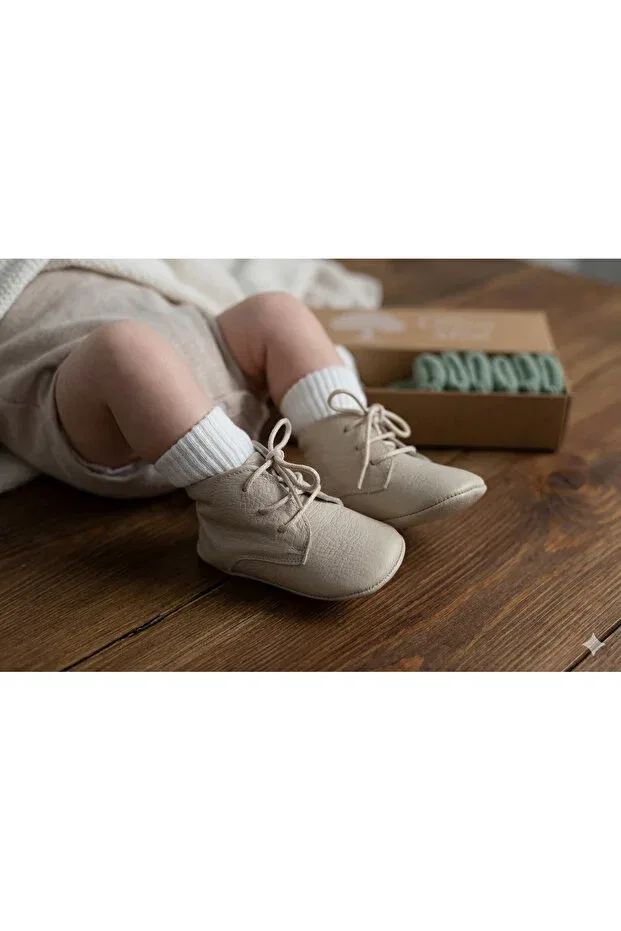 Детские ботинки для новорожденных кожаные шнурованные First Step Boots Olivo Mini, Nude Color — фото 3