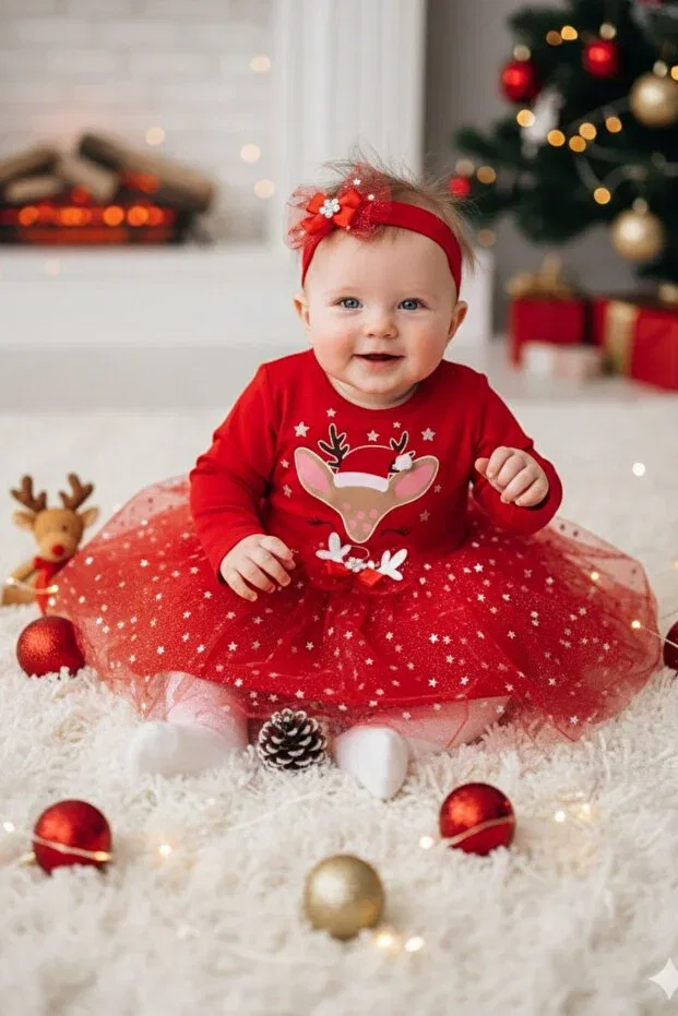 Детский комплект для девочек с принтом New year's red tutu with deer figure new year's bandana and dress 2-piece baby girl set Mamakoala, Red — фото 3