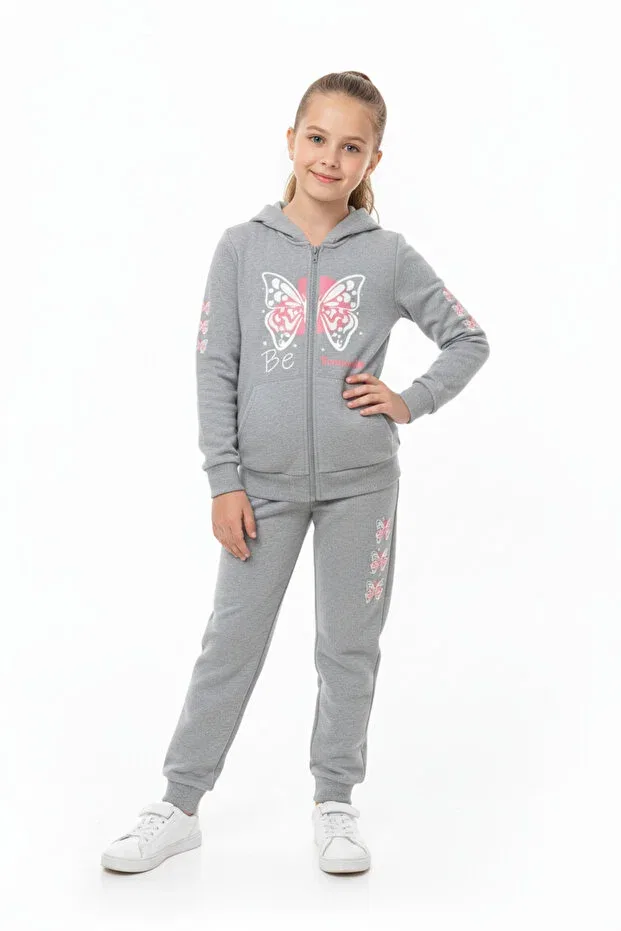 Детский спортивный костюм для девочек с принтом Zipped hooded butterfly print detail Panios Kids, Gray — фото 3