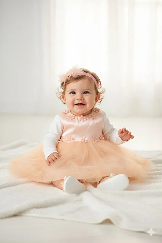 Детское платье для девочек тюлевое с принтом Ponpon baby girl newborn tulle floral mevlüt dress special occasion outfit 4 pieces Harry&Millie, Powder