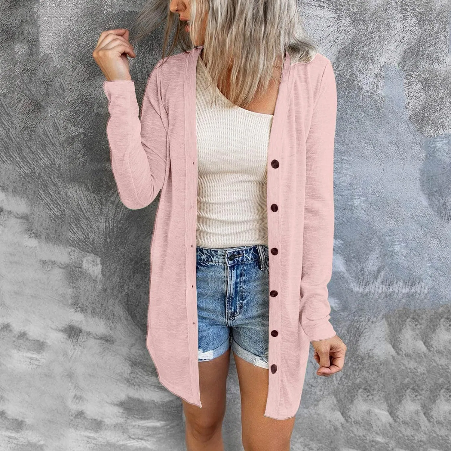 Женский кардиган с длинным рукавом, свободного кроя, #A3 Pink — фото 2