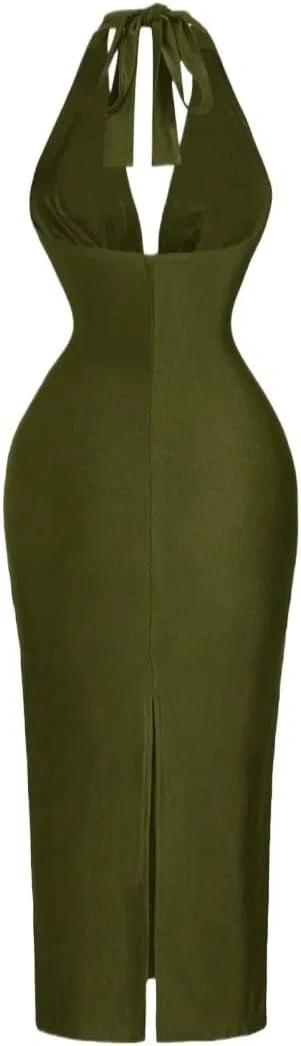 Женское облегающее платье миди с открытой спиной Bodycon, Army Green — фото 2