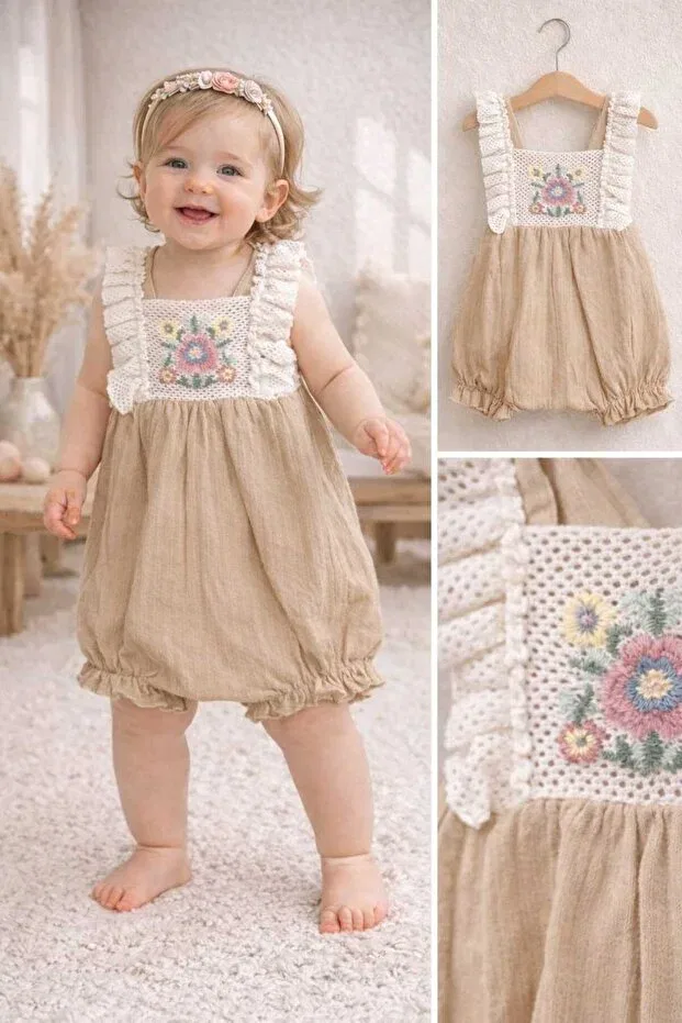 Детский комбинезон для девочек с кружевом Eid Summer Lace Embroidered Strappy Muslin Krm Kerem Bebe, Beige