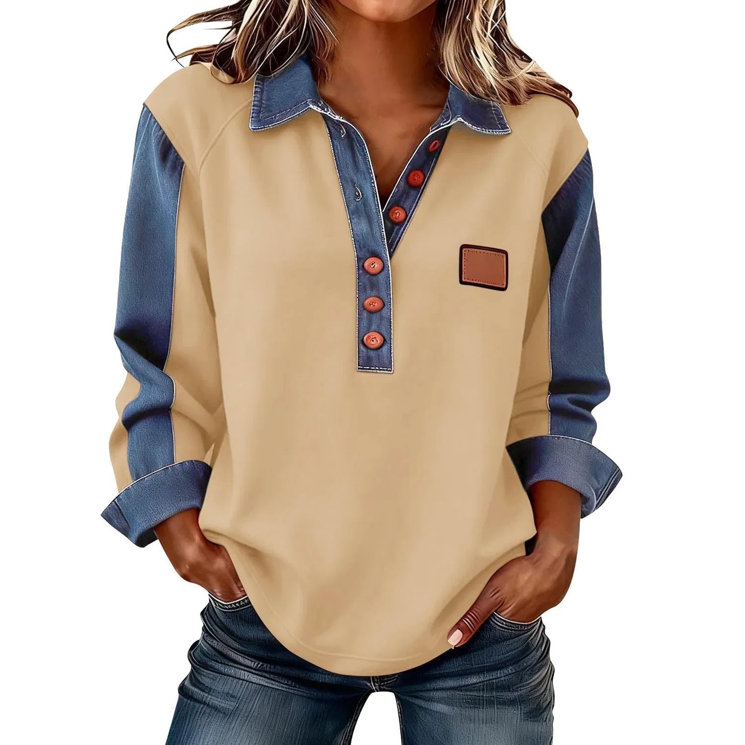 Женский джинсовый свитер с принтом Button Down, Non Lavorato A Maglia #Z02-beige