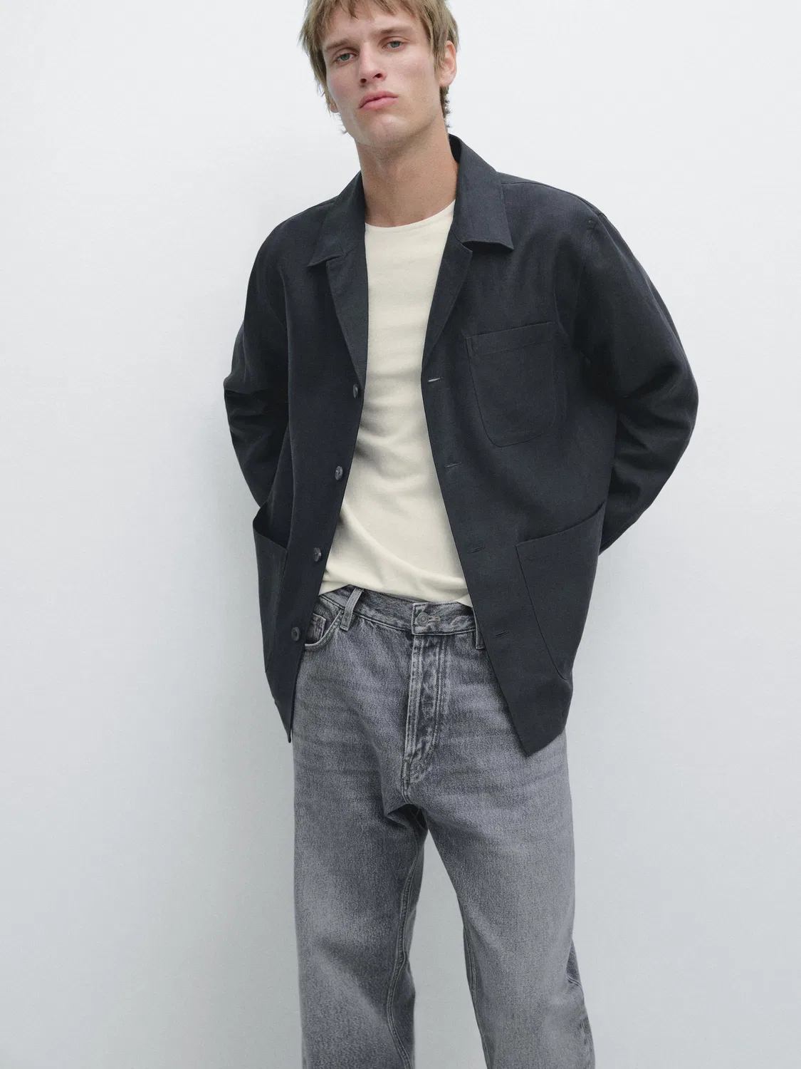 Льняная рубашка-накидка с карманами Massimo Dutti, синий — фото 2