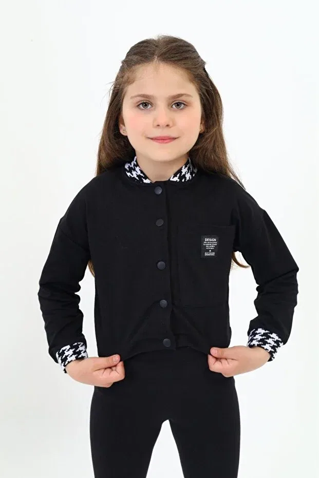 Детский кардиган для девочек с принтом College Collar Snap Closure Printed Color Block Knitted Cardigan Toontoy, Black