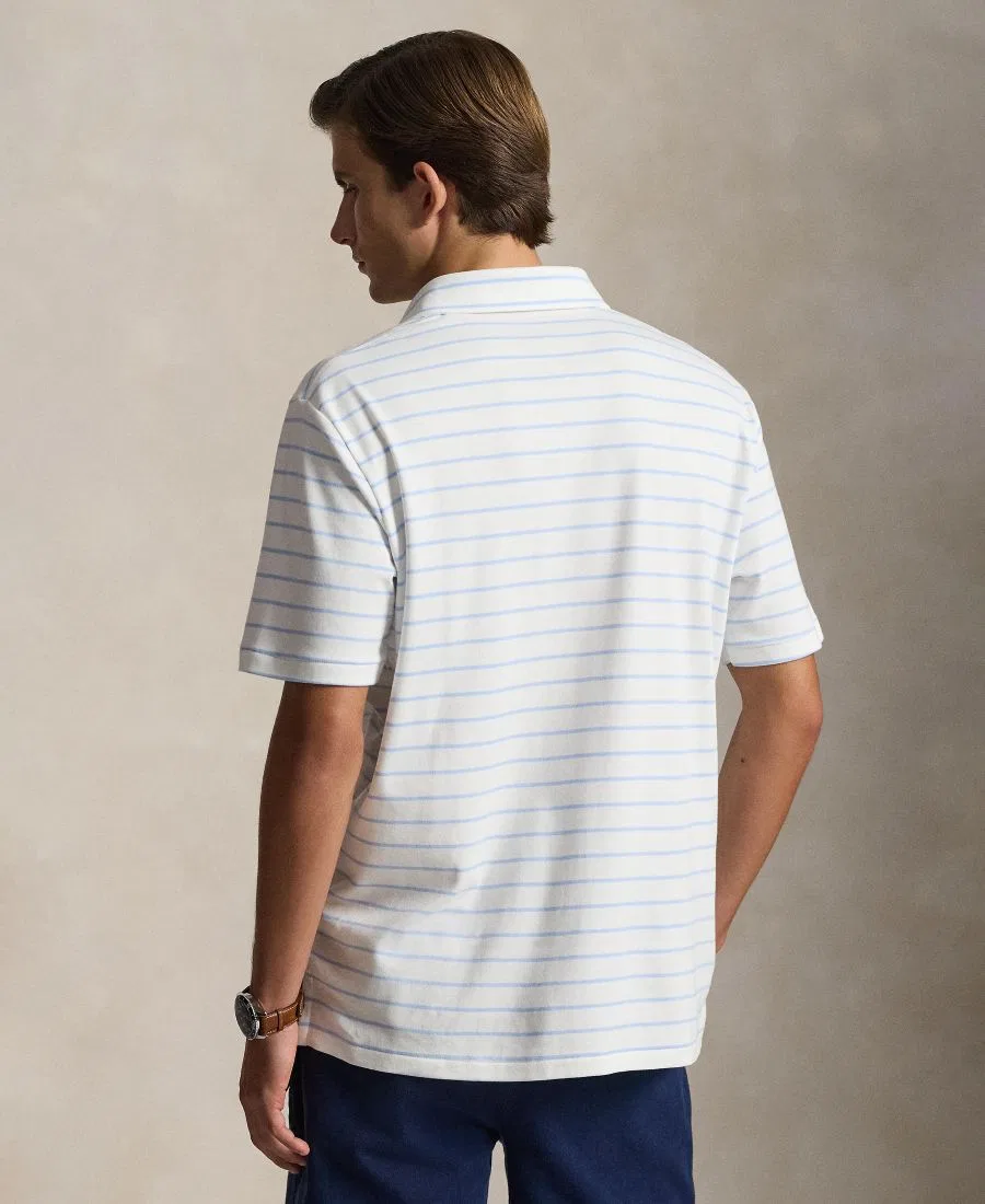 Мужское поло с коротким рукавом хлопковое Classic Striped Soft Cotton Polo Shirt Polo Ralph Lauren, White/Pebble Blue — фото 4