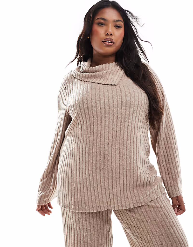 

Джерси Vero Moda Curve с отворотом и отделкой в рубчик, бежевый цвет