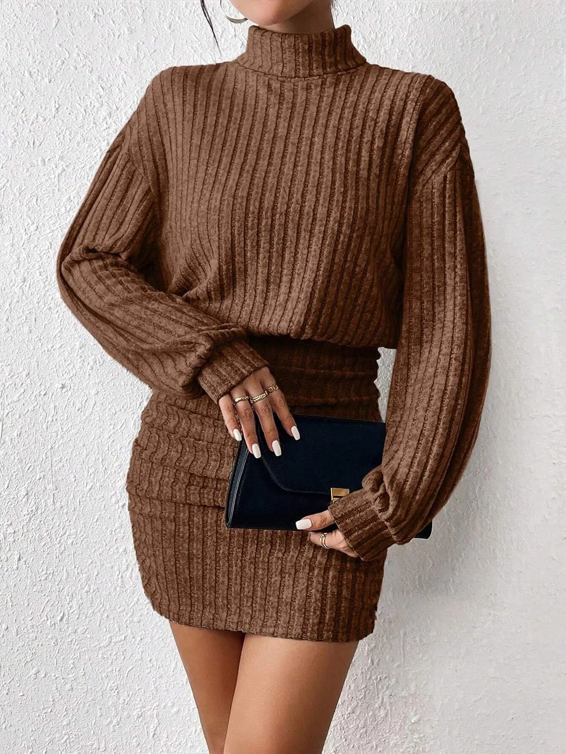 Женское облегающее мини-платье с длинным рукавом Drop Shoulder, Brown — фото 4