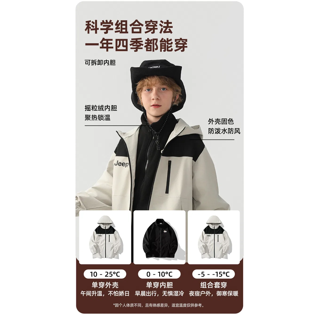 Детская куртка утепленная трехслойная Jeep, Ecru (Three-in-One Thickened Coat) — фото 4