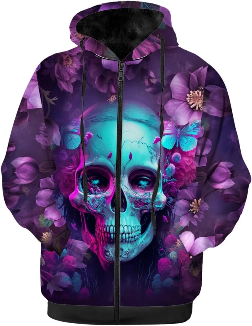 Женское зимнее пальто с принтом Flower Skull, на молнии, с капюшоном, фиолетовый