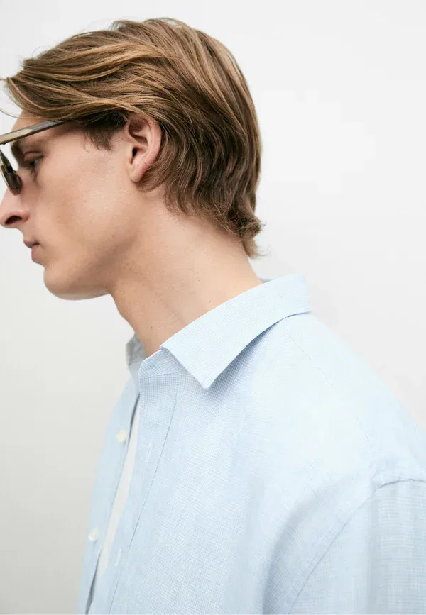 Рубашка из льна Checked Massimo Dutti, Light Blue, светло-голубой — фото 4
