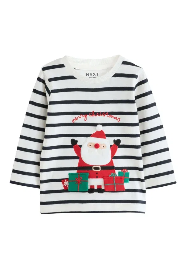 Футболка с длинным рукавом, хлопок, Regular fit - christmas - long sleeved top, Next, белый/синий с аппликацией Санта