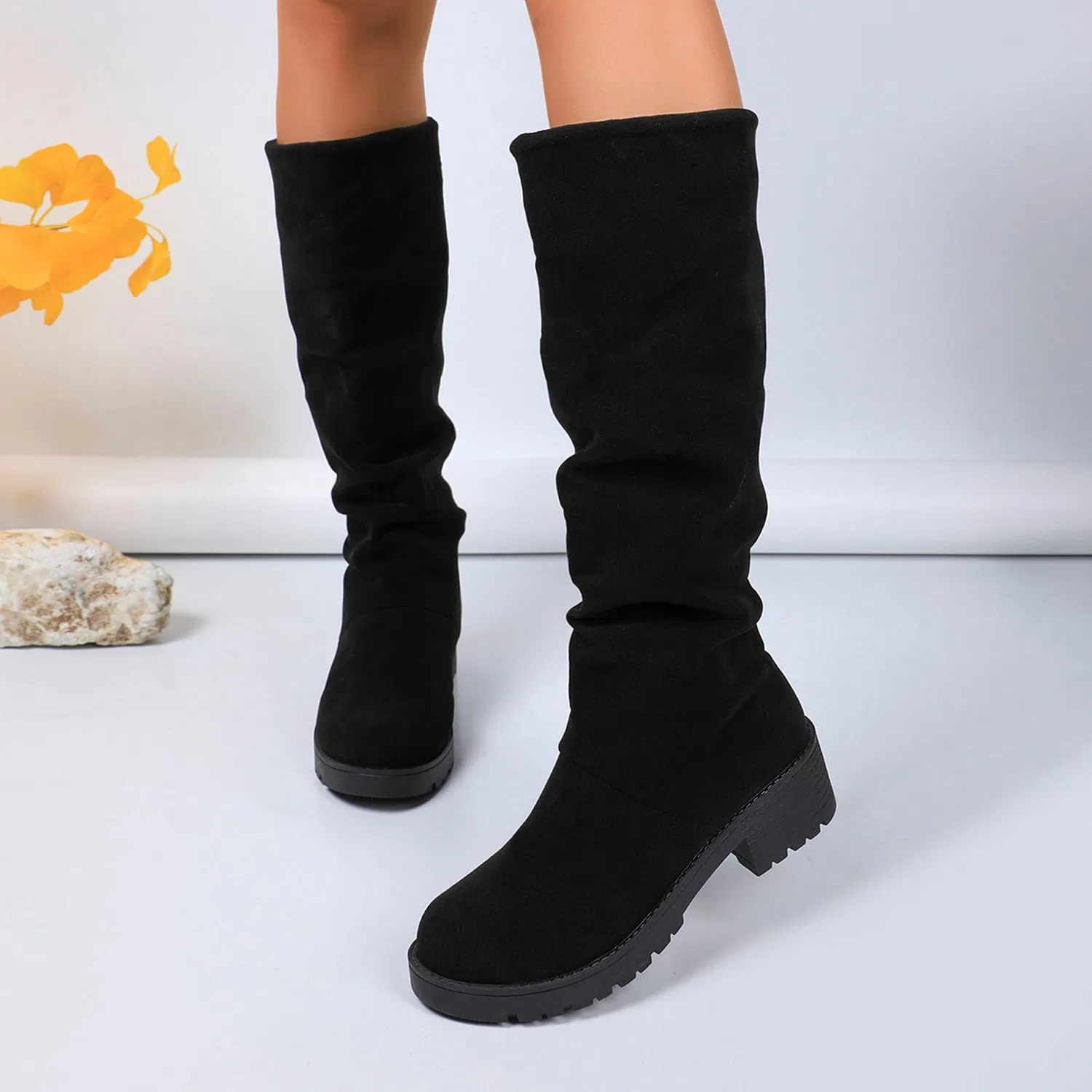 Детские сапоги для девочек Calf High Boots Winter Fashion Knee High Boots Comfortable Casual Heeled Boots, Black — фото 3
