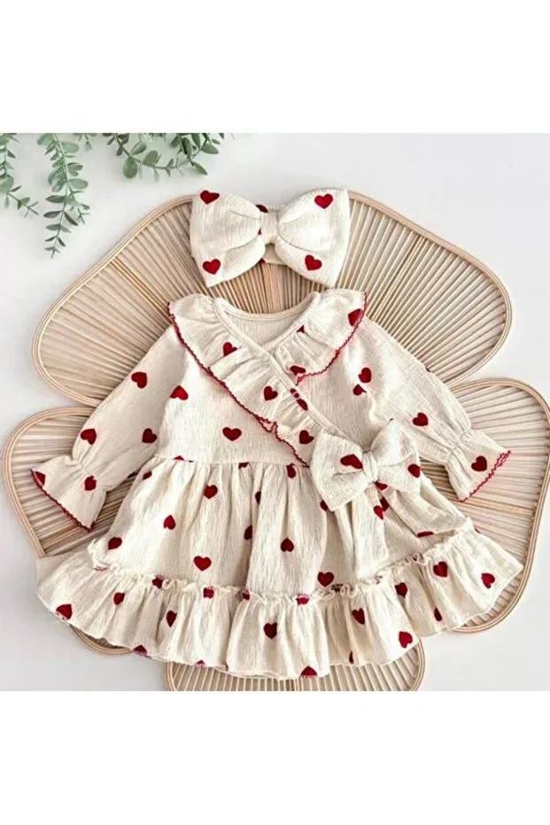Детское платье для девочек с длинным рукавом Amore heart patterned crochet dress Minikincibaby, Red — фото 3