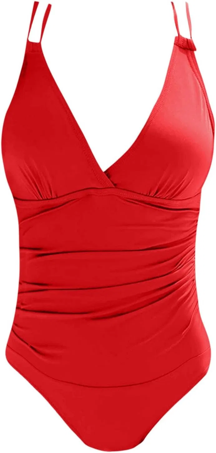 Женский слитный купальник с утяжкой живота ruched Retro, Red — фото 4