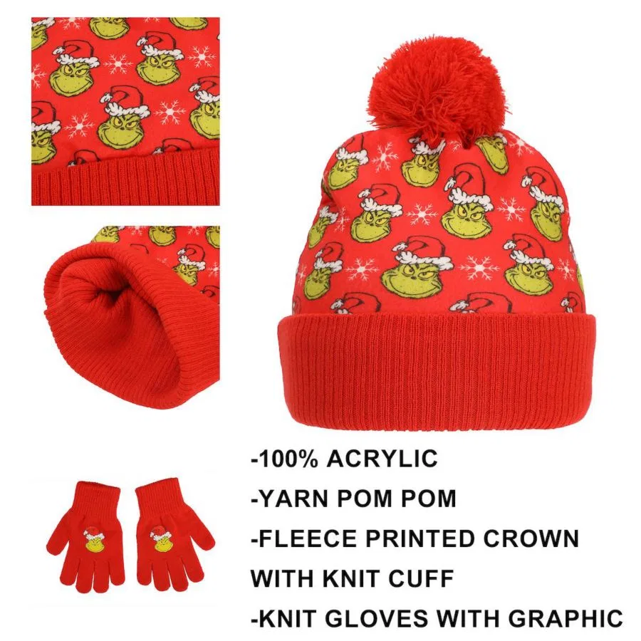 Комплект из вязаной шапки и перчаток с принтом The Grinch, Red & Green — фото 3