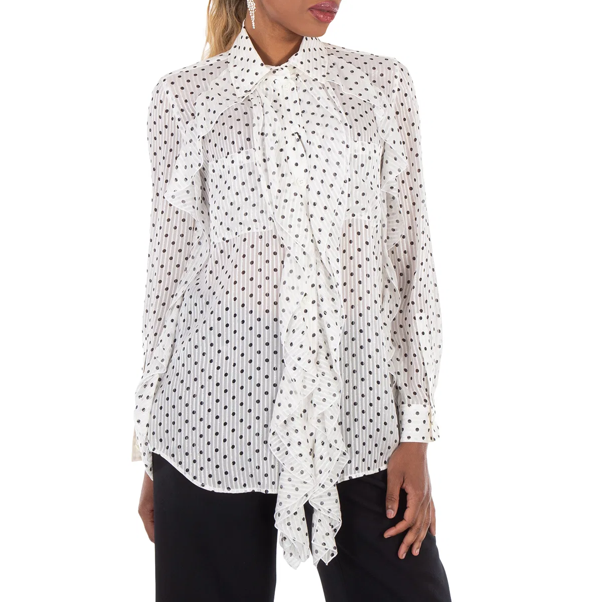 Блуза с воланами и принтом в горошек Ruffled Polka Dot Silk Chiffon Blouse Burberry, White