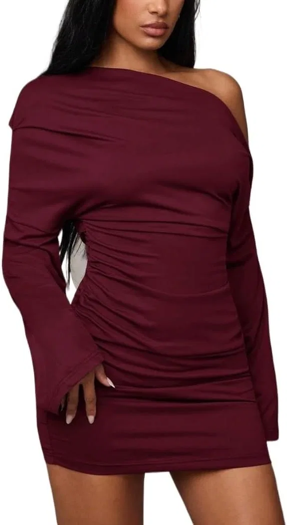 Женское мини-платье с асимметричным вырезом Bodycon, Burgundy