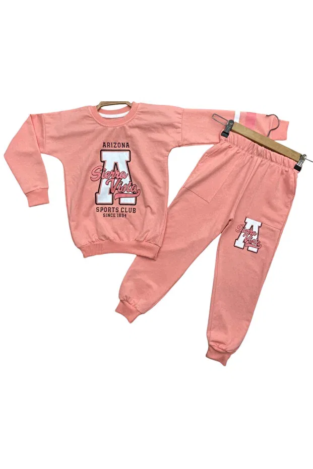 Детский спортивный комплект для девочек в полоску Arizona Letter A Patterned Irem Çocuk Giyim, Salmon