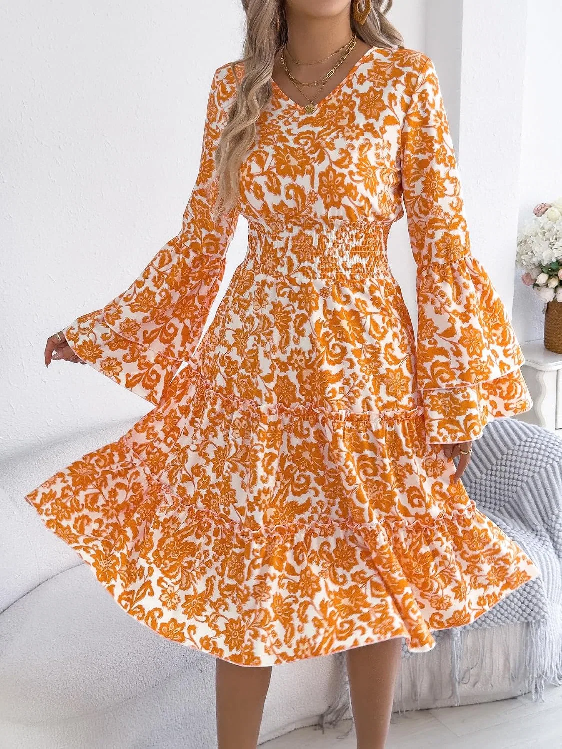 Женское платье-трапеция с длинным рукавом, с принтом, оранжевый — фото 3