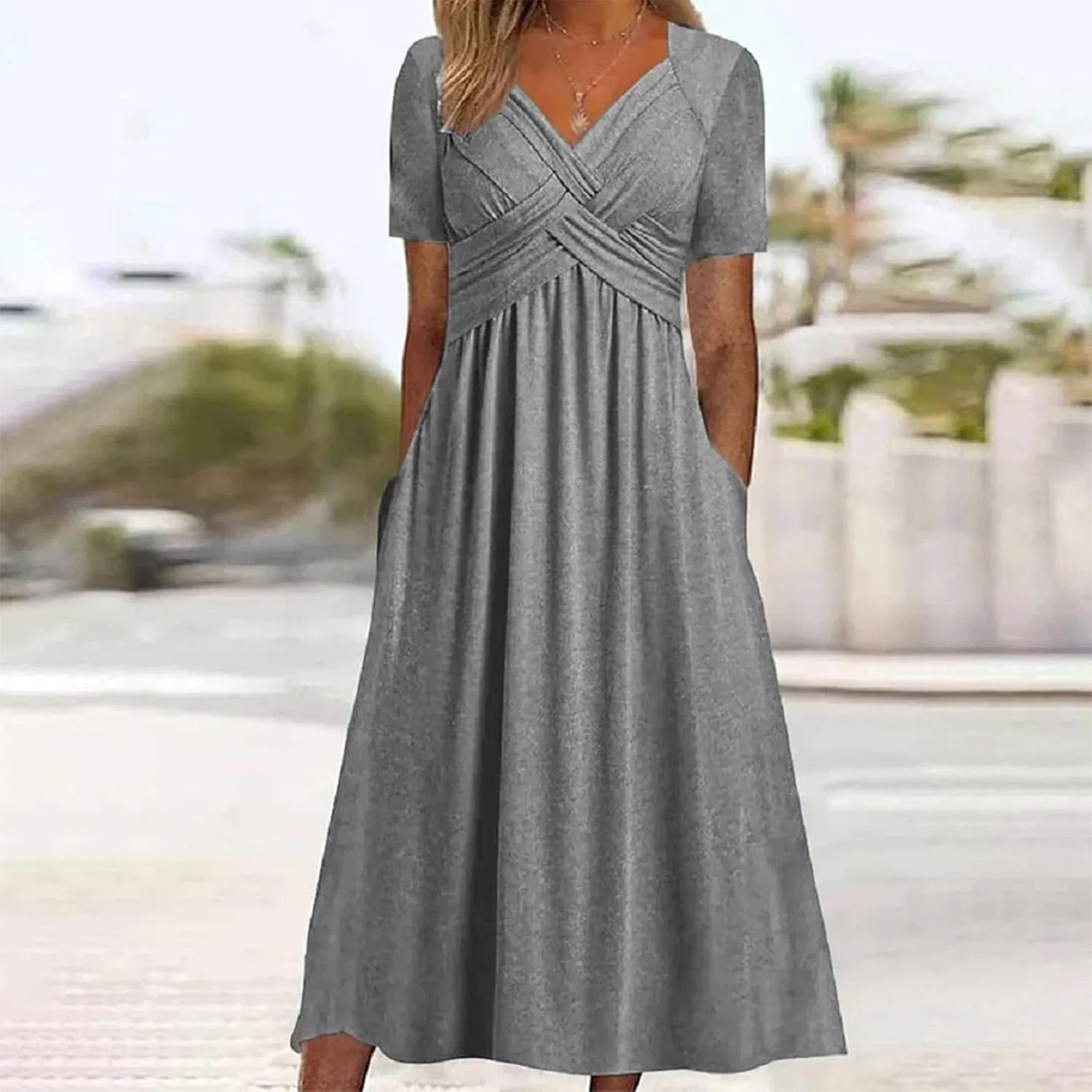 Женское летнее платье с V-образным вырезом Criss-Cross Front, Gray — фото 2