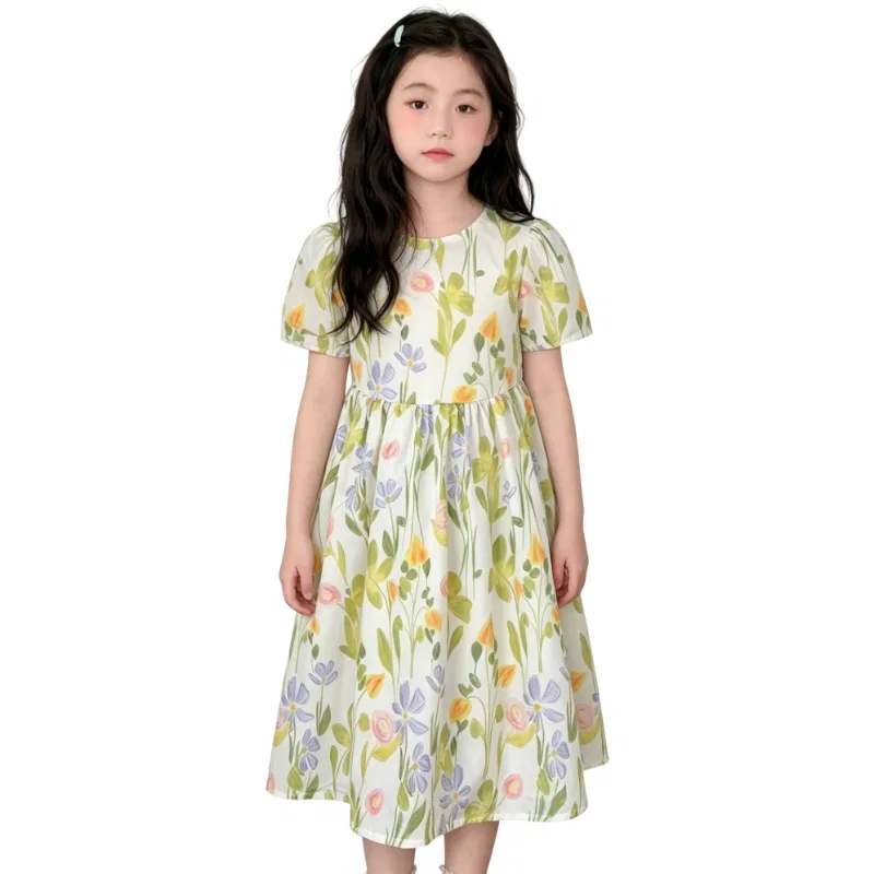 Детское платье для девочек с коротким рукавом, миди, Light Green, YALU