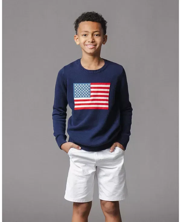Детский свитер с принтом Boys' Organic Crew Neck Flag Sweater Hope & Henry, Navy Flag — фото 4