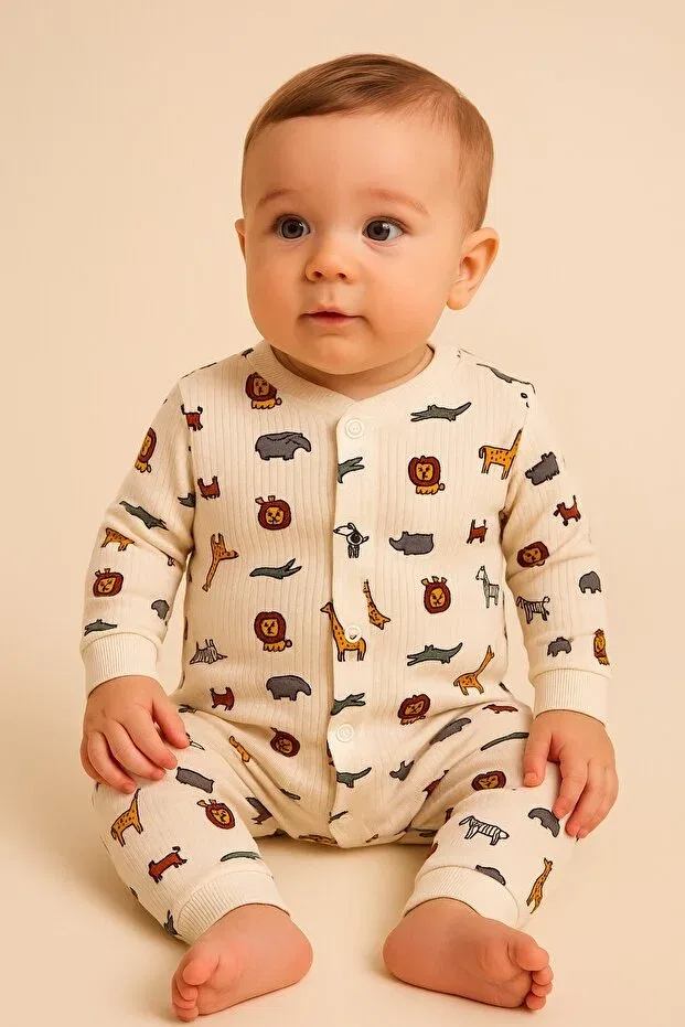 Детское боди-комбинезон для мальчиков с принтом Lion Giraffe Printed Dinamik Çocuk, Ecru Lion Zebra