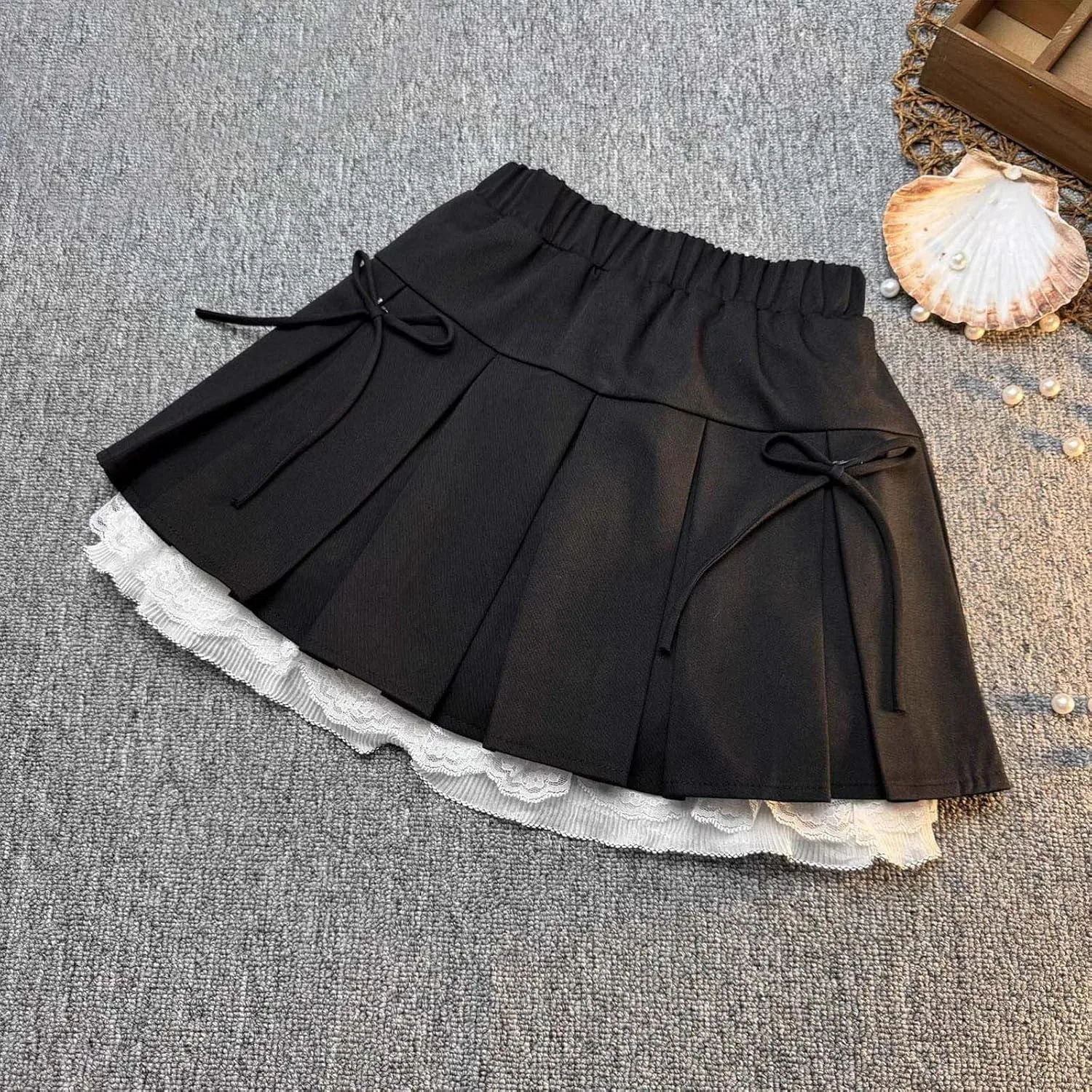 Юбка плиссированная мини A-line с кружевной отделкой и бантом, Generic, Black — фото 2